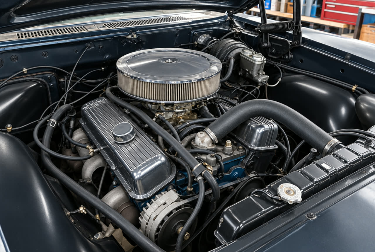 The same engine bay clean after dry ice cleaning