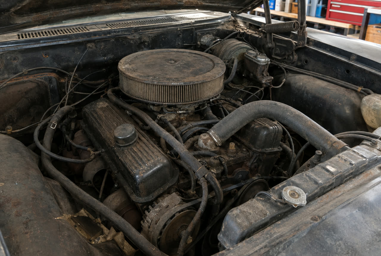 Engine bay covered in oil and grime before cleaning