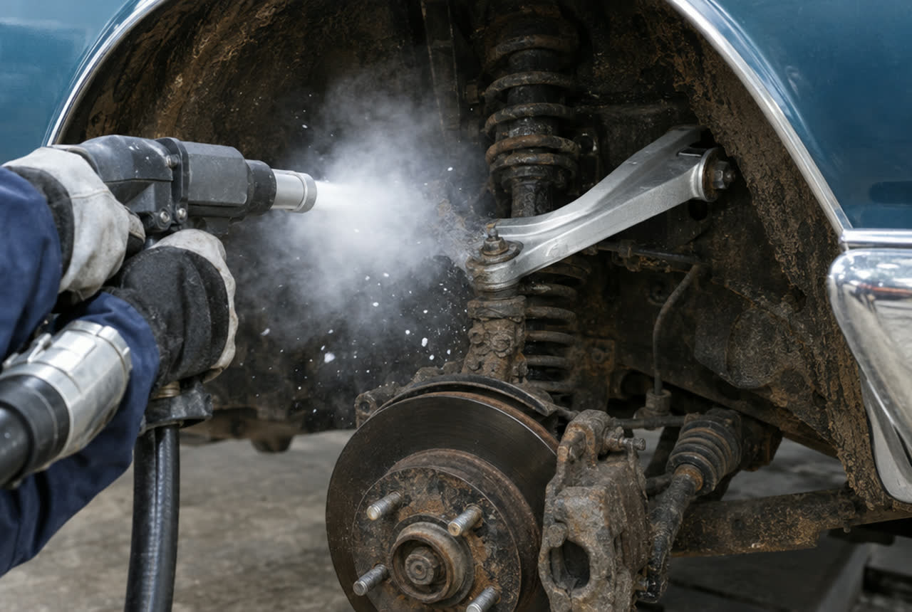 Dry ice blasting a car suspension and wheel well