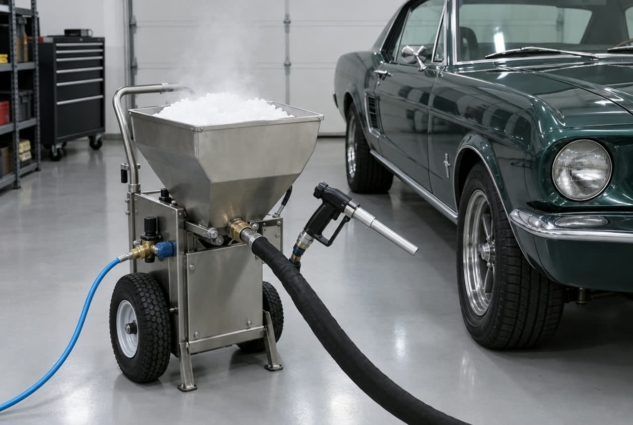 Portable dry ice machine next to a classic car