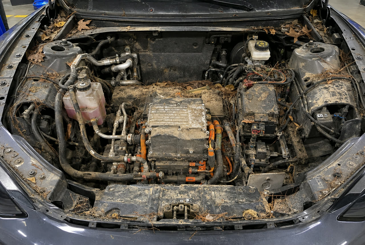 Front trunk bay of an electric car covered in dust and leaves