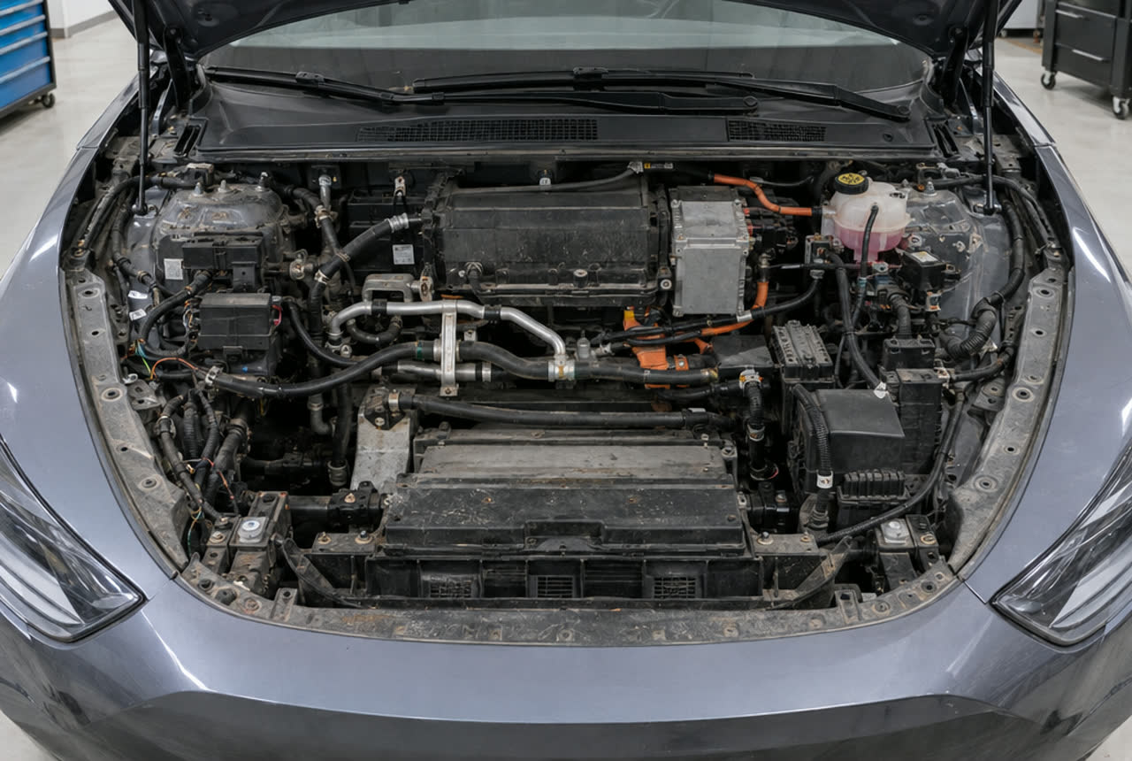 Front trunk area of an electric car with the plastic panels removed