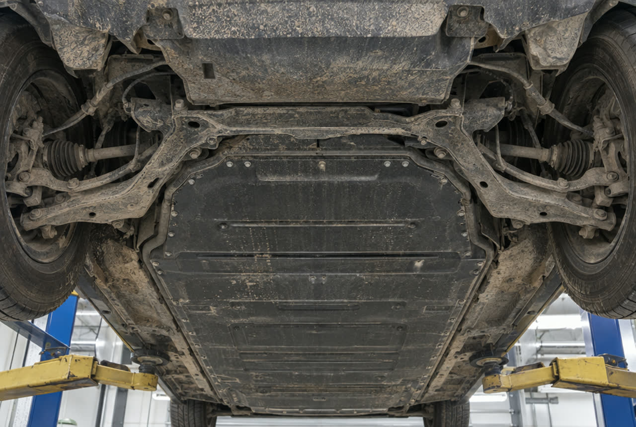 Underbody of an electric car covered in road dust and mud