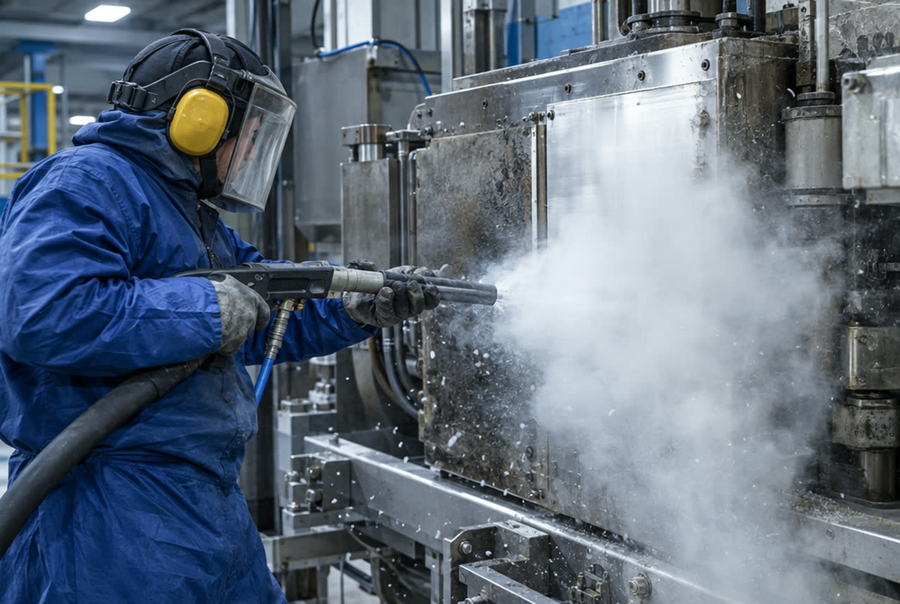 Technician dry ice blasting a production machine