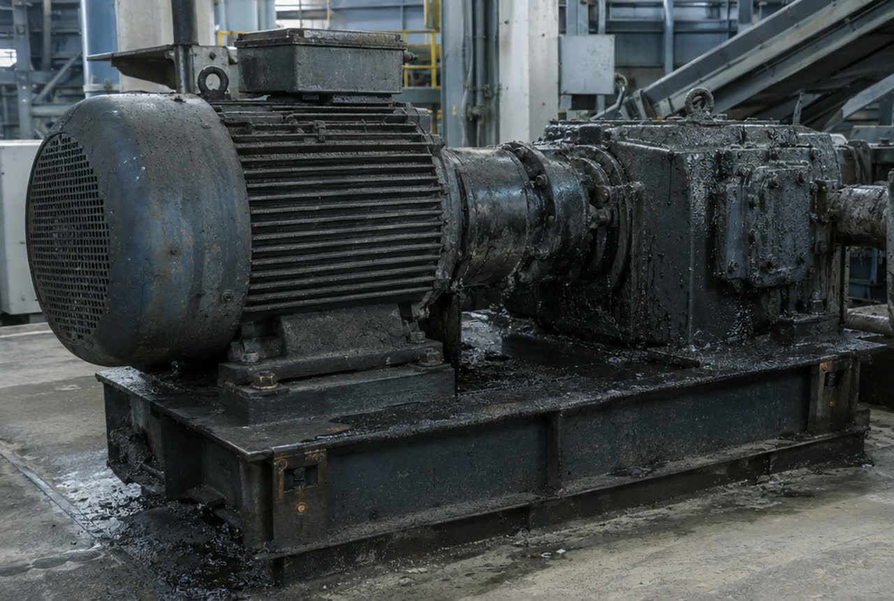 Industrial motor and gearbox covered in grease before cleaning